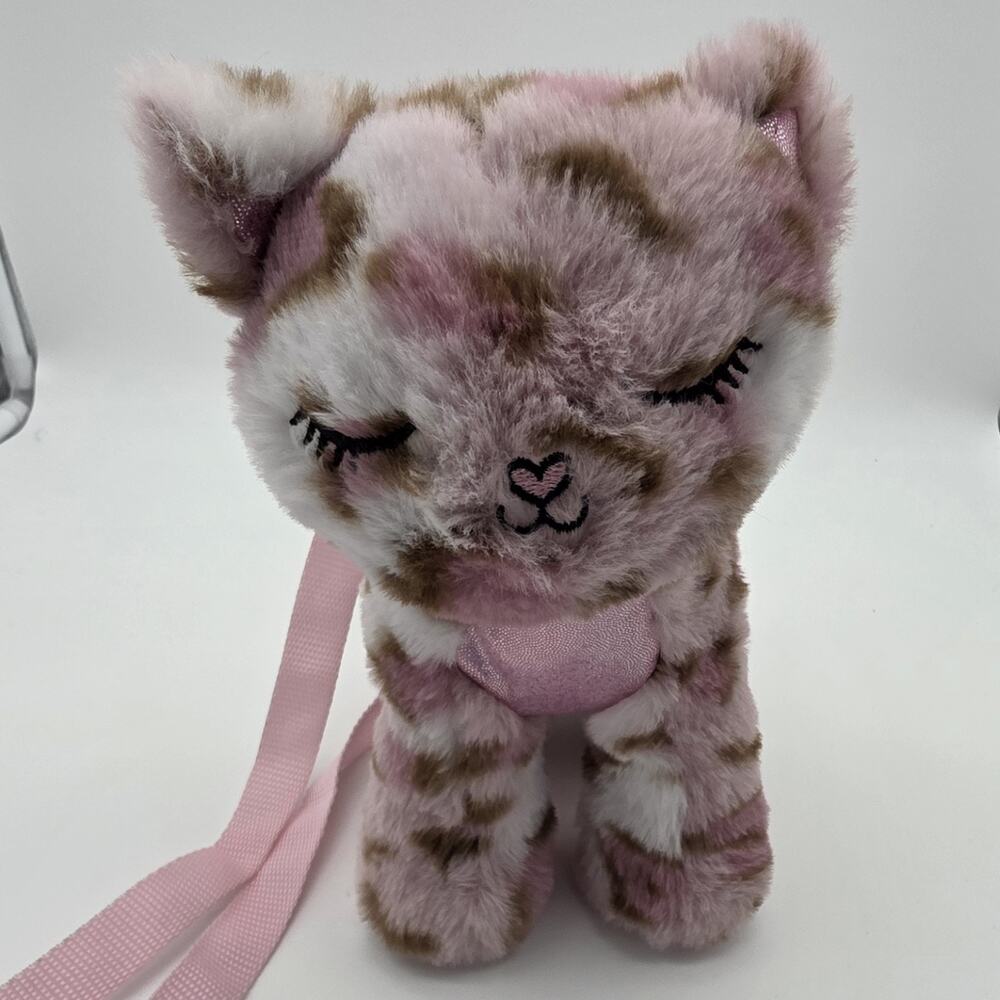 Pink Leopard Cat Plush Crossbody Purse Girls Stuffed Animal Zipper Bag